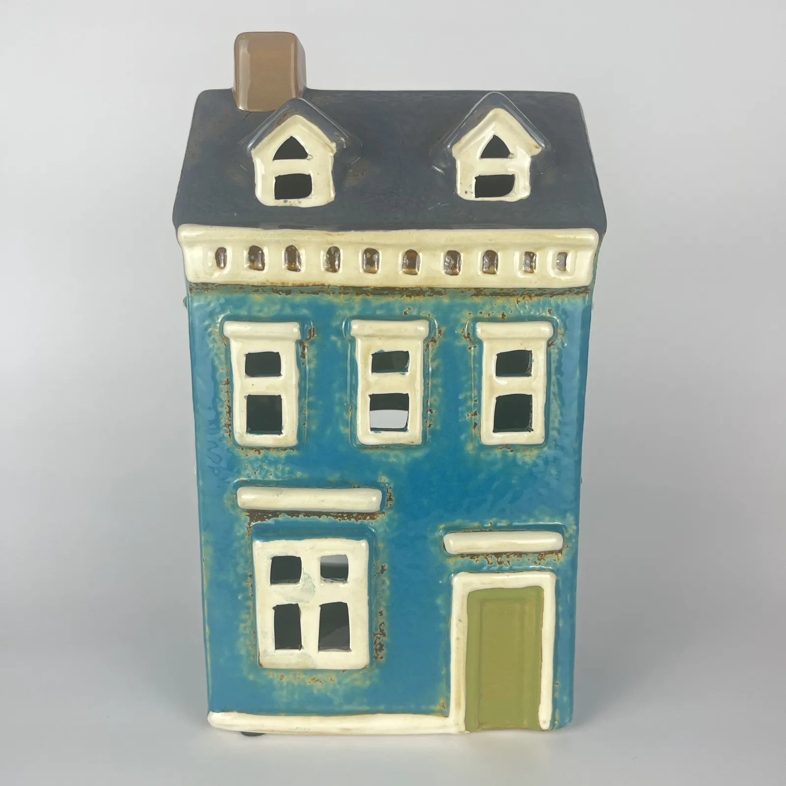 Blue Ceramic Tealight House with Green Door and Roof