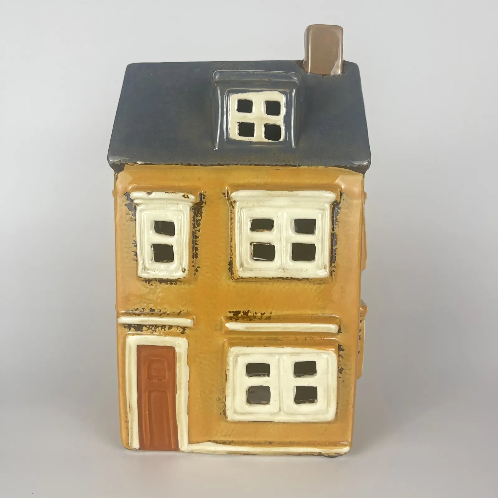 Yellow Ceramic Tealight House with Red Door and Roof