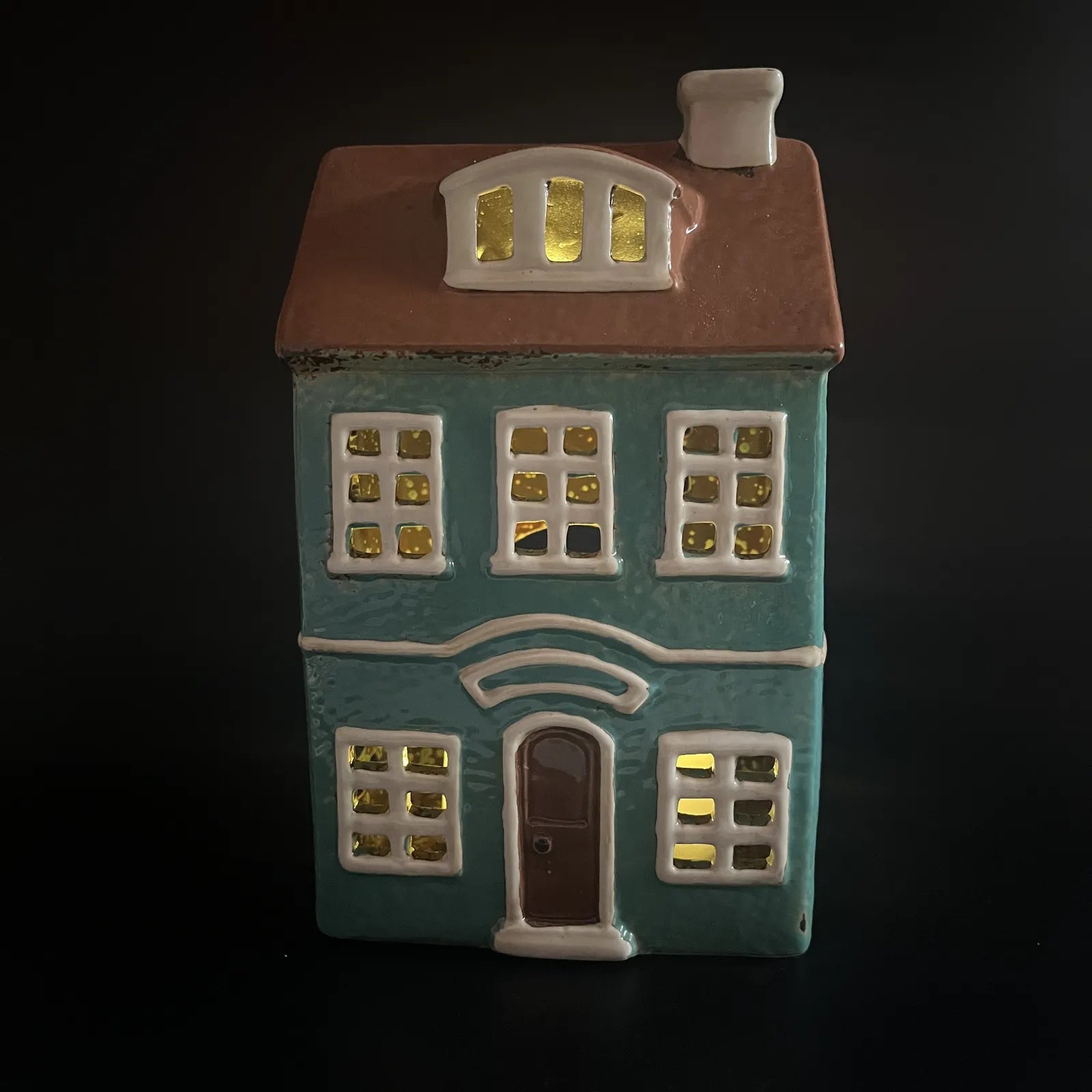 Green Ceramic Tealight House with White Roof and Brown Door