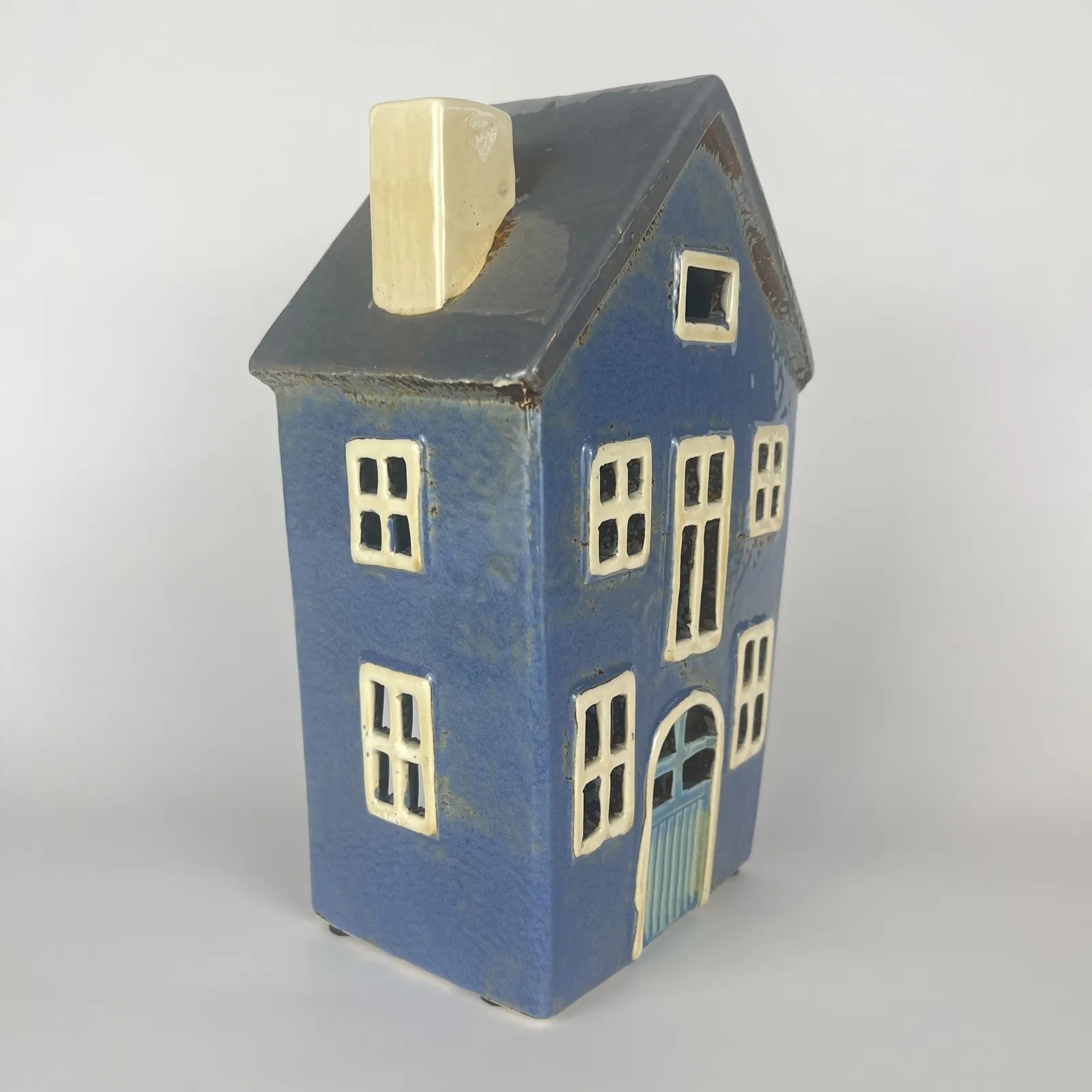 Blue Ceramic Tealight House with White Chimney and White Door