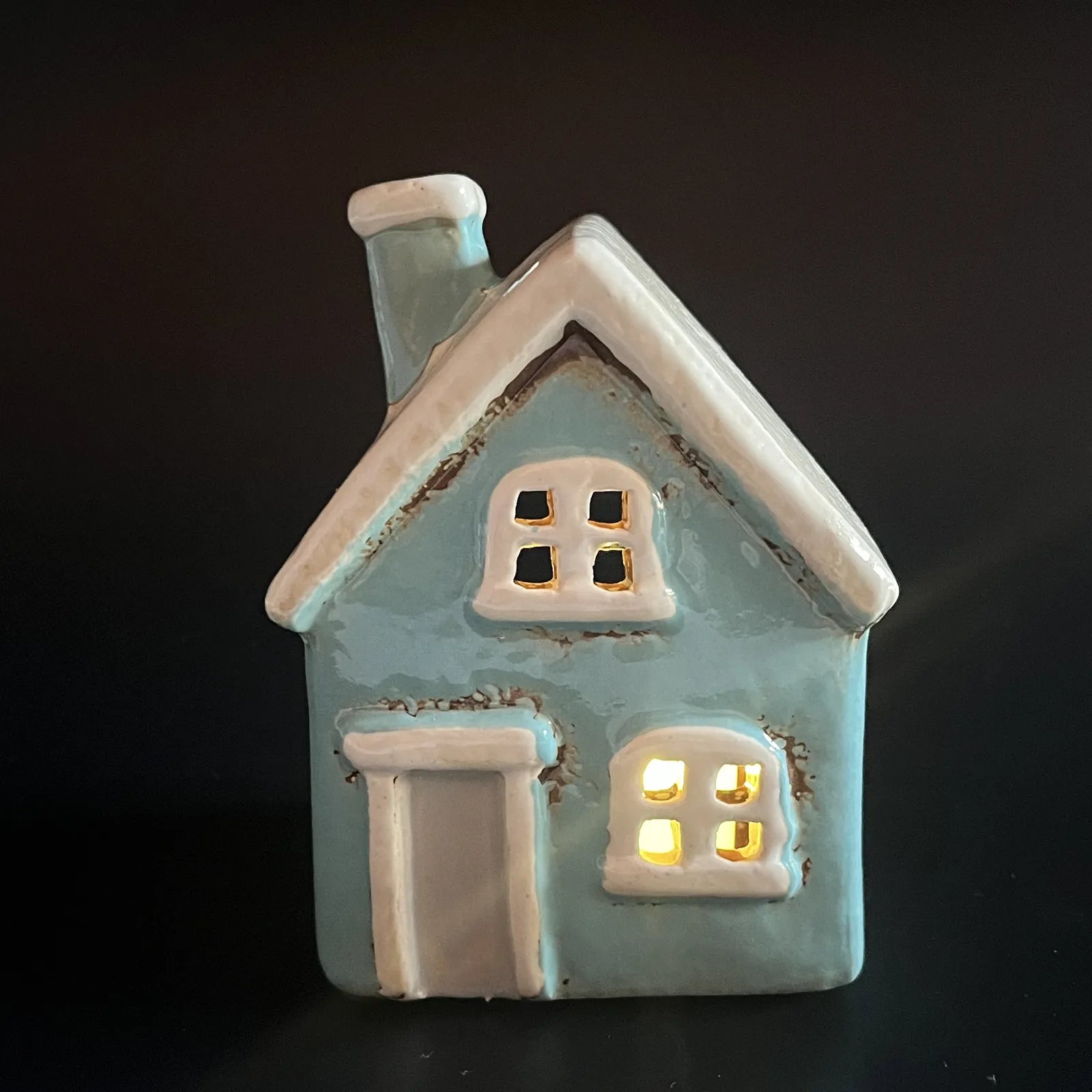 Light Blue Ceramic Tealight House with White Roof and Door