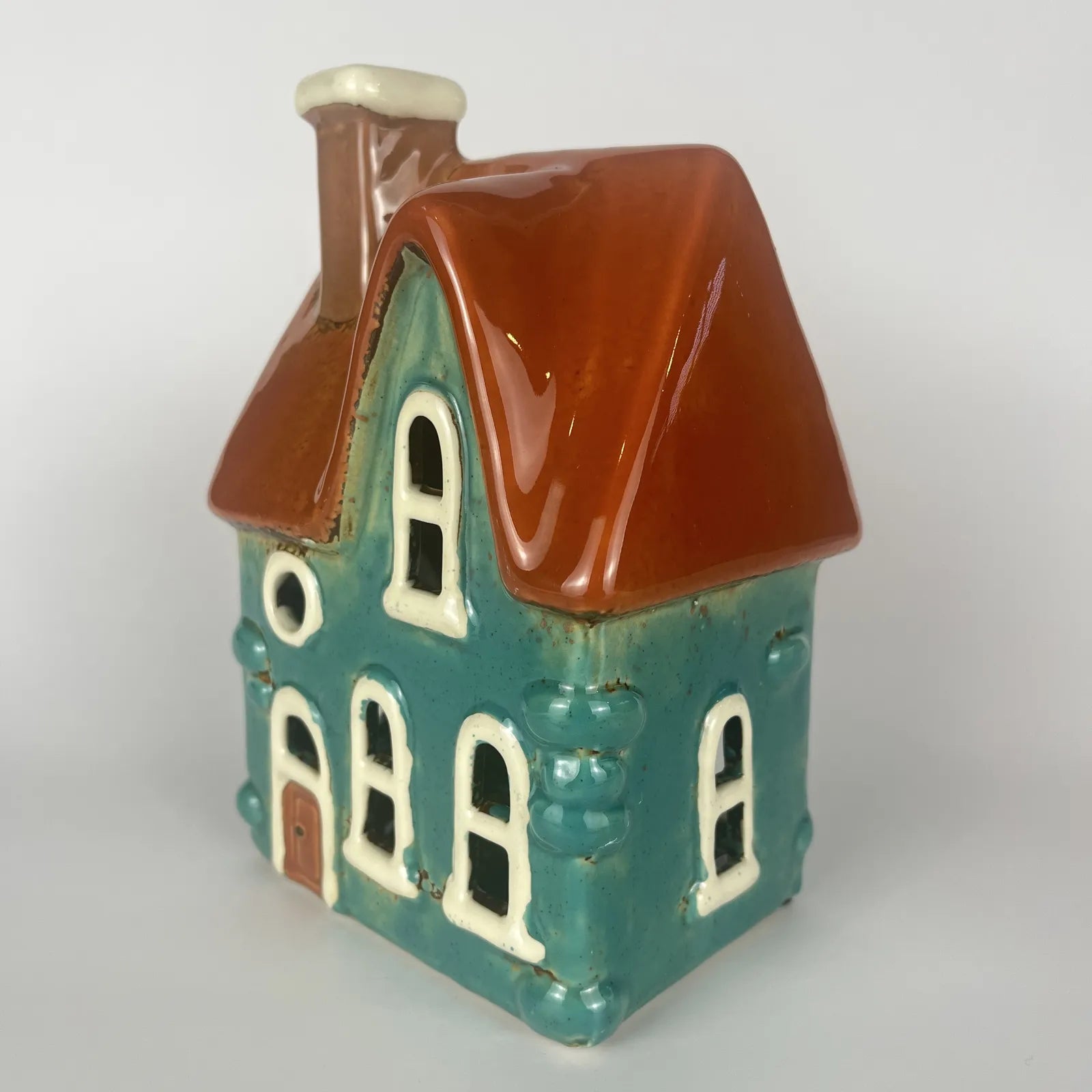 Blue Ceramic Tealight House with Orange Roof and Brown Door