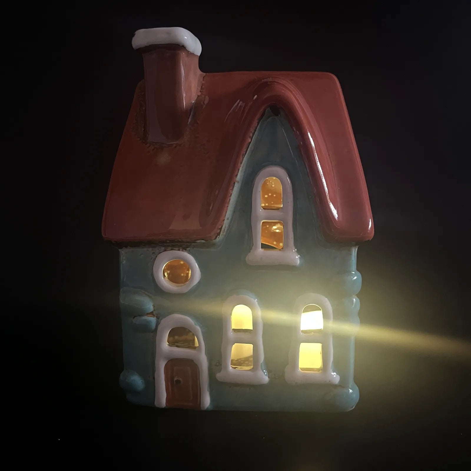 Blue Ceramic Tealight House with Orange Roof and Brown Door