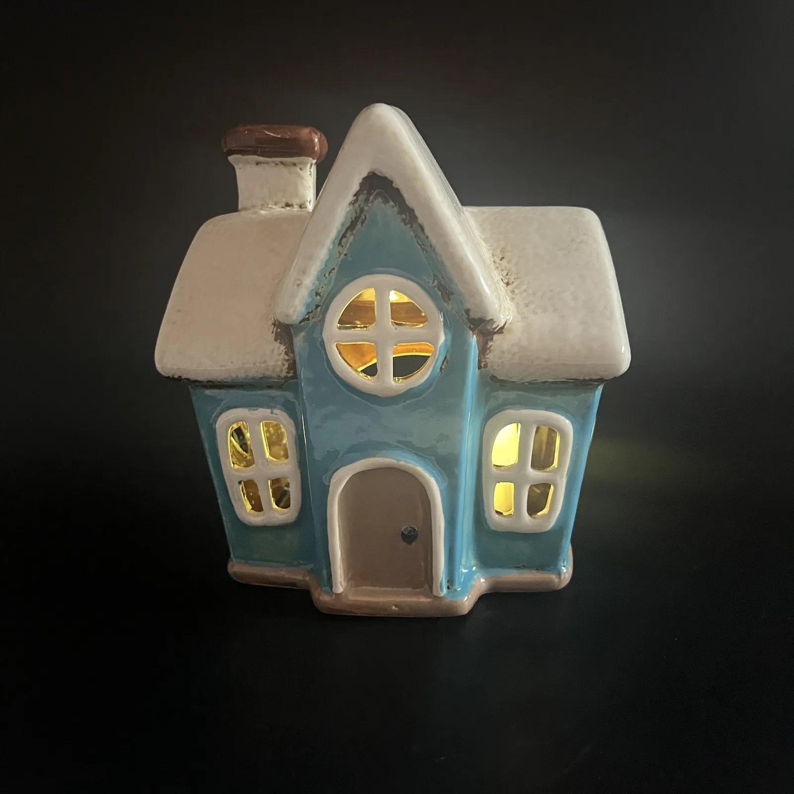 Blue Ceramic Tealight House with Cream Roof and Circular Window