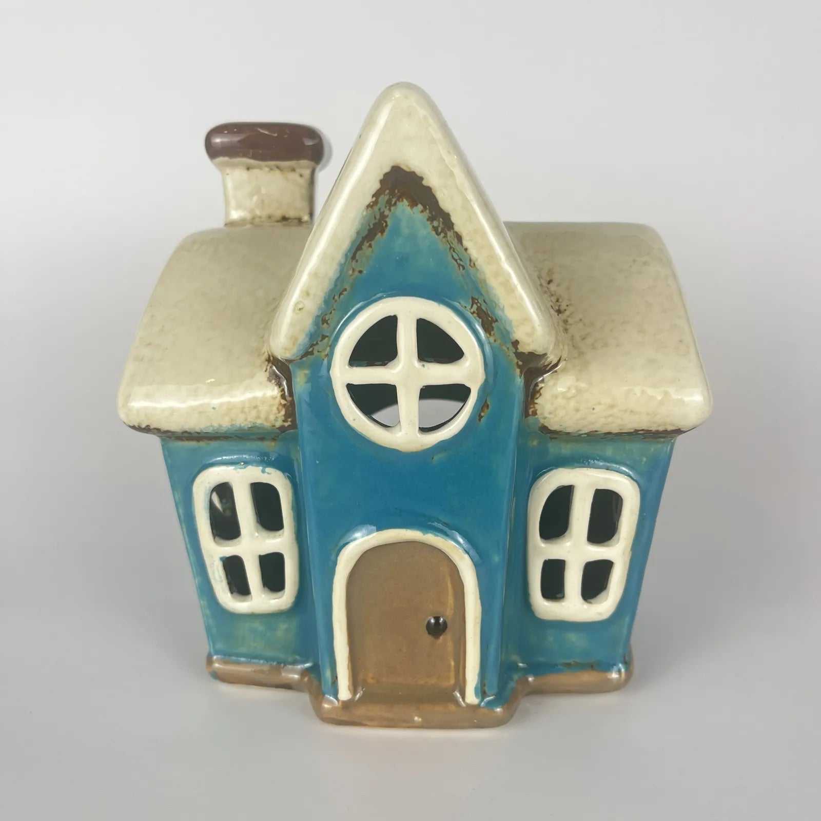 Blue Ceramic Tealight House with Cream Roof and Circular Window