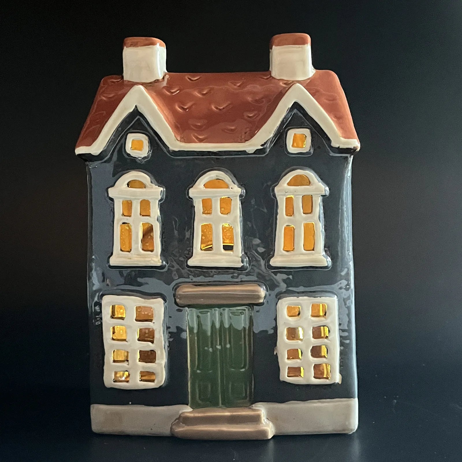 Dark Blue Ceramic Tealight House with Orange Red Roof and Green Door