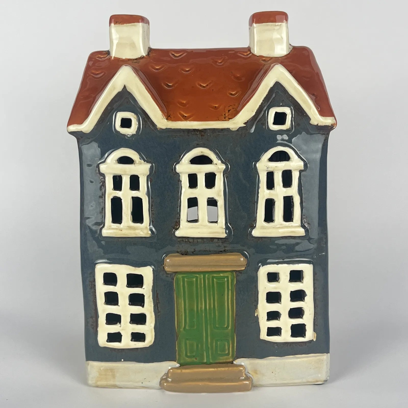 Dark Blue Ceramic Tealight House with Red Roof and Green Door