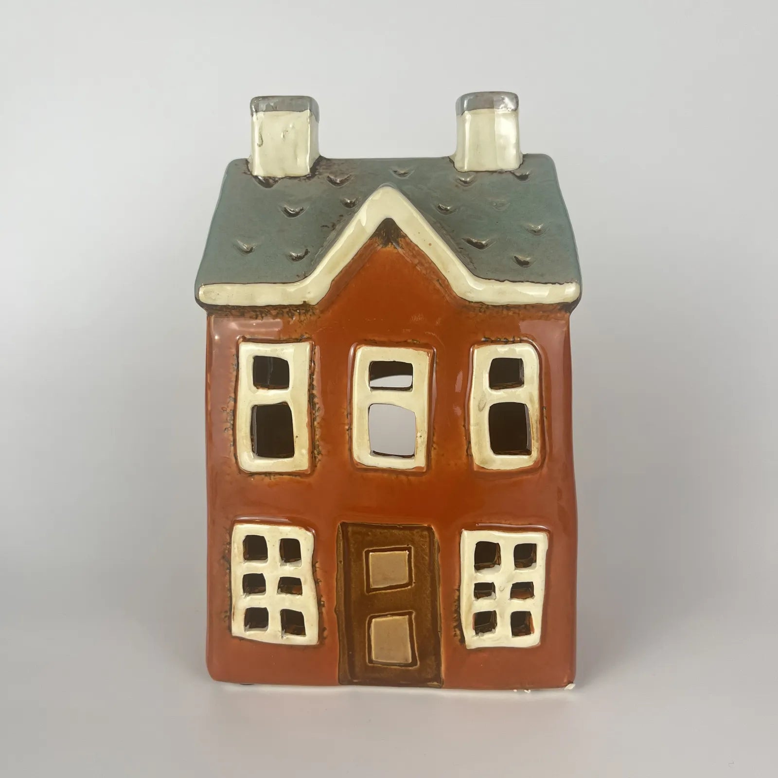 Orange Ceramic Tealight House with Green Roof and Brown Door