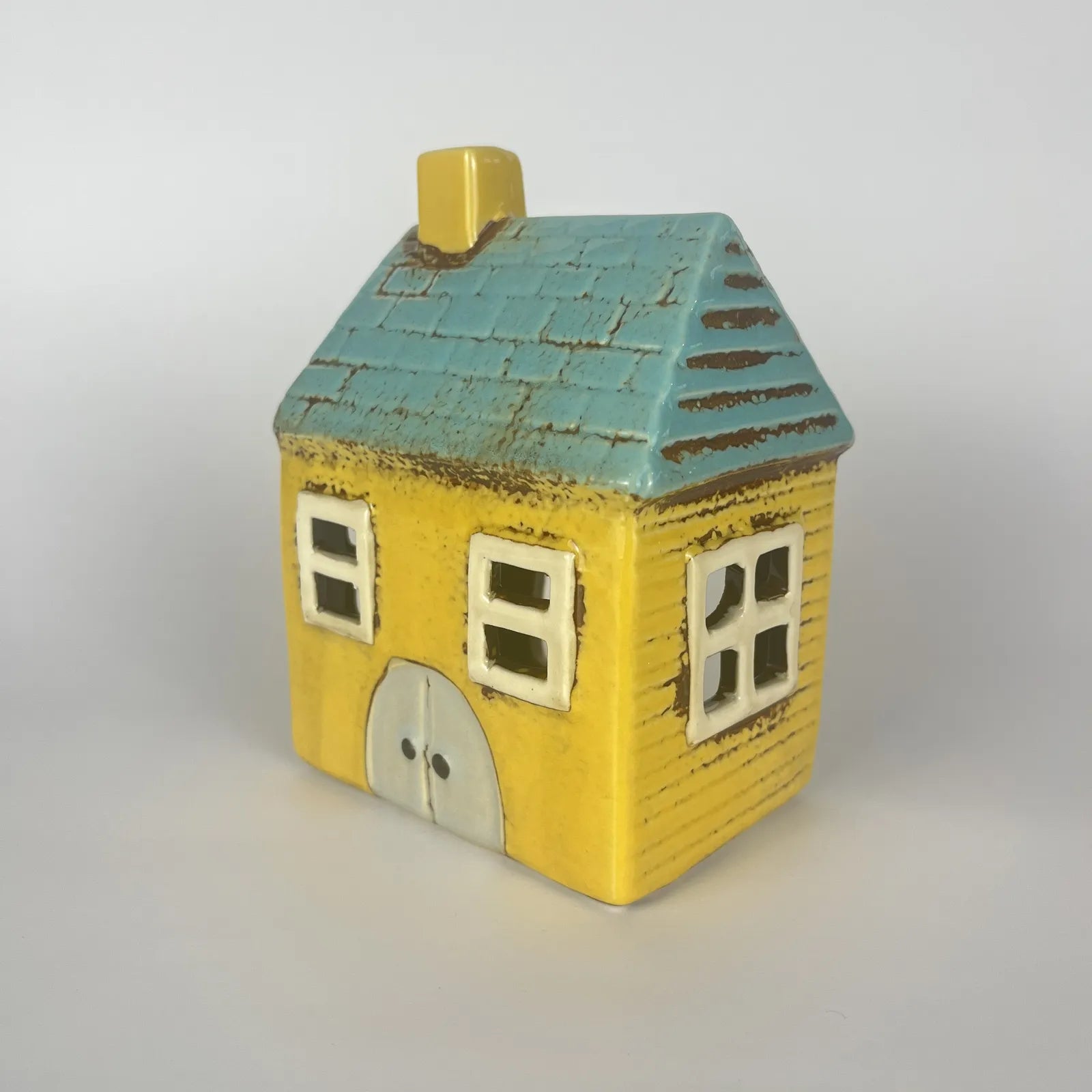 Yellow Ceramic Tealight House with Blue Roof and Door