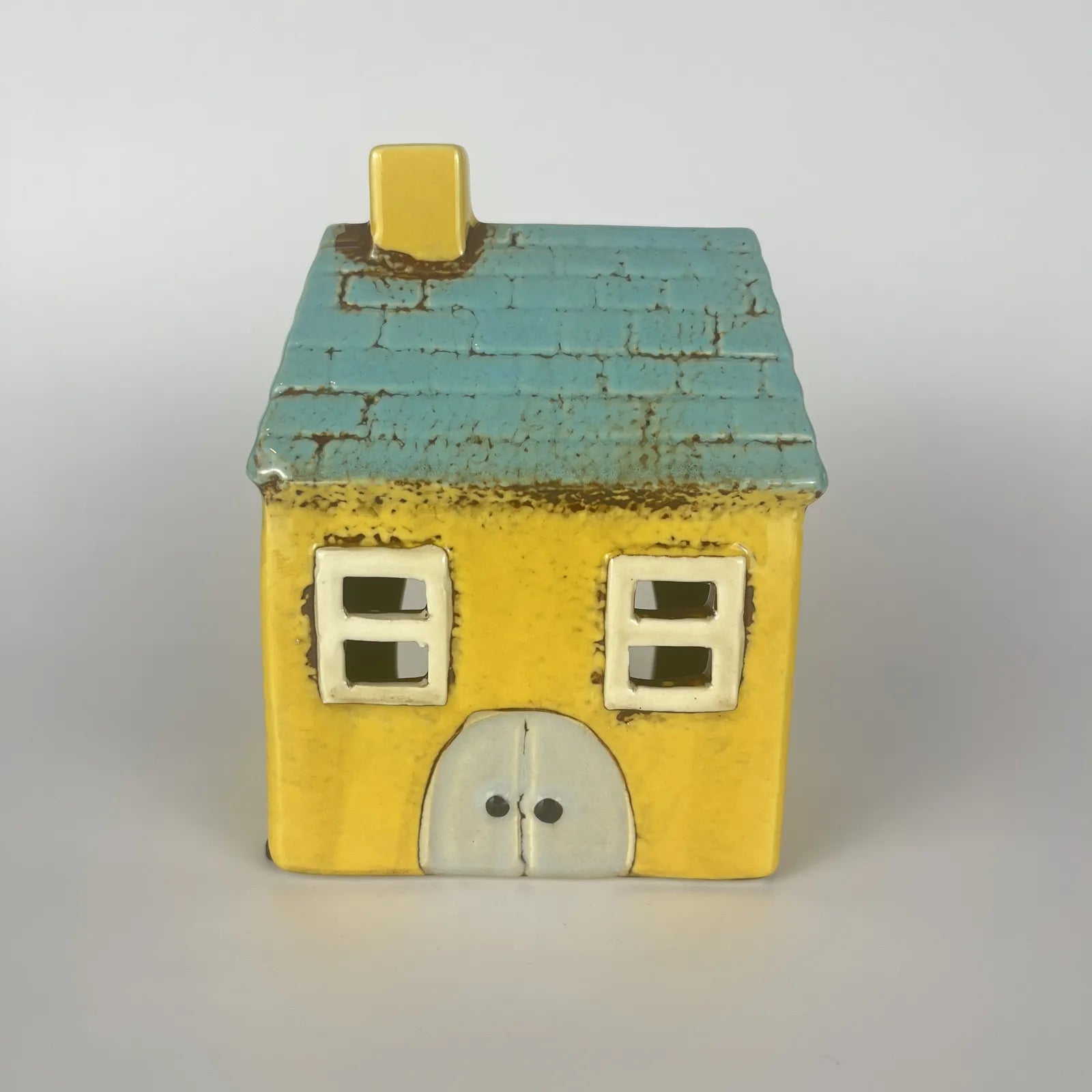 Yellow Ceramic Tealight House with Blue Roof and Door