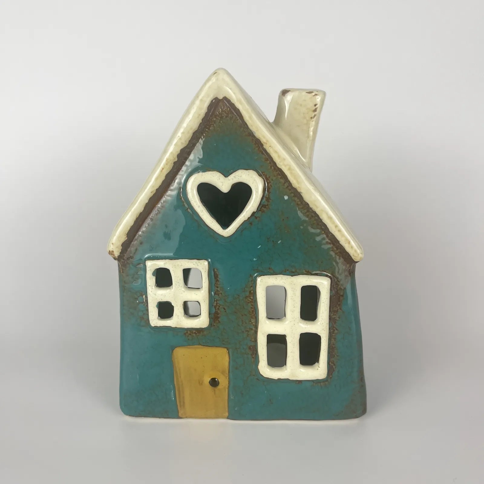 Blue Ceramic Tealight House with Heart-Shaped Window and Yellow Door