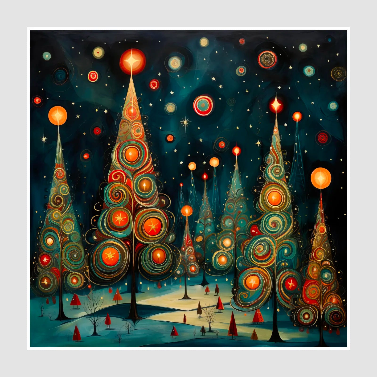 Whimsical Snowy Forest Under Moonlight Art Print 1