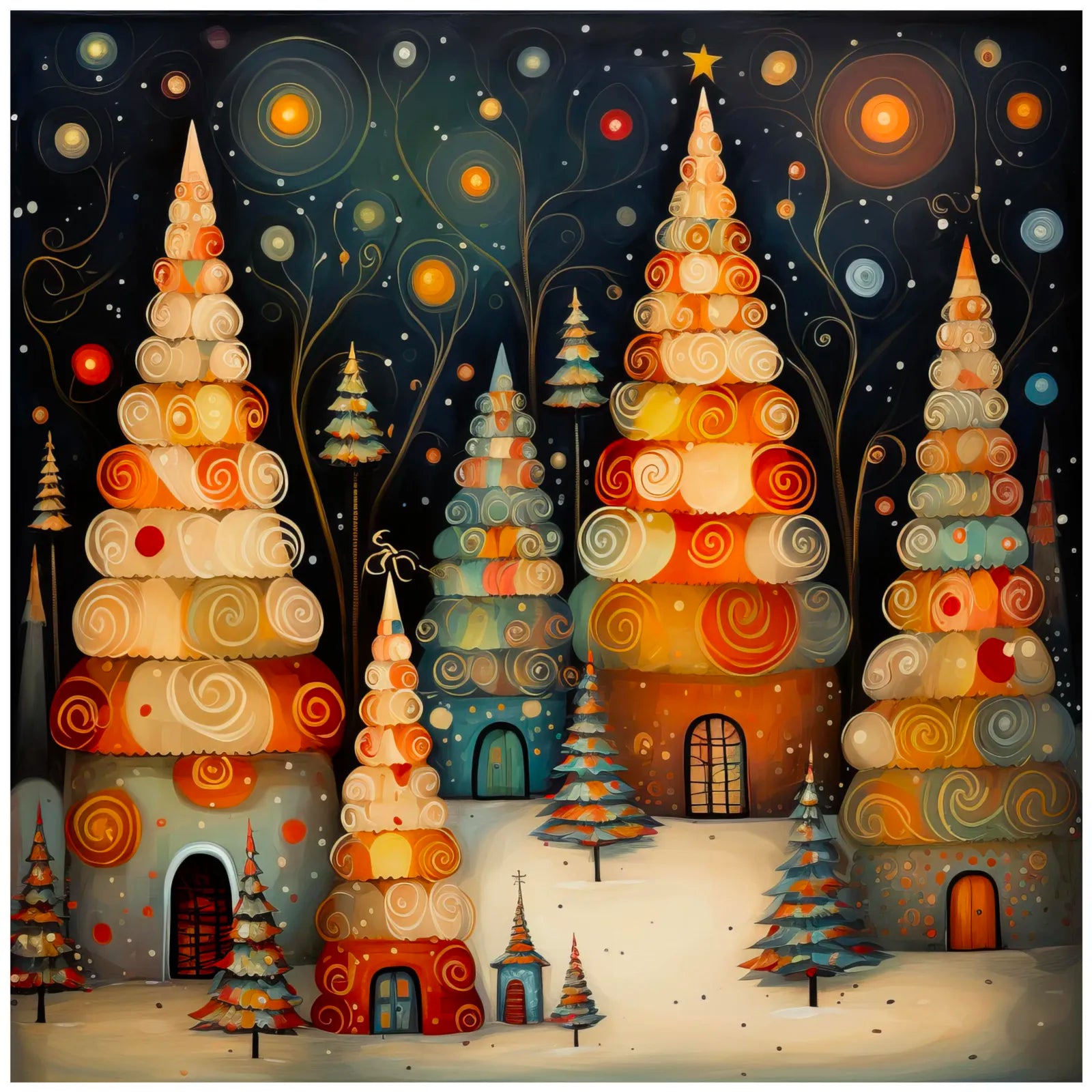 Snow Huts & Whimsical Trees Festive Art Print 3