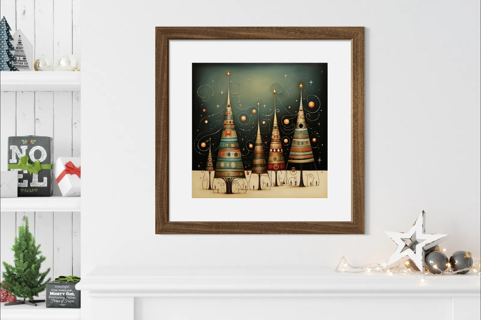 Whimsical Tree Houses in Winter Night Art Print 2