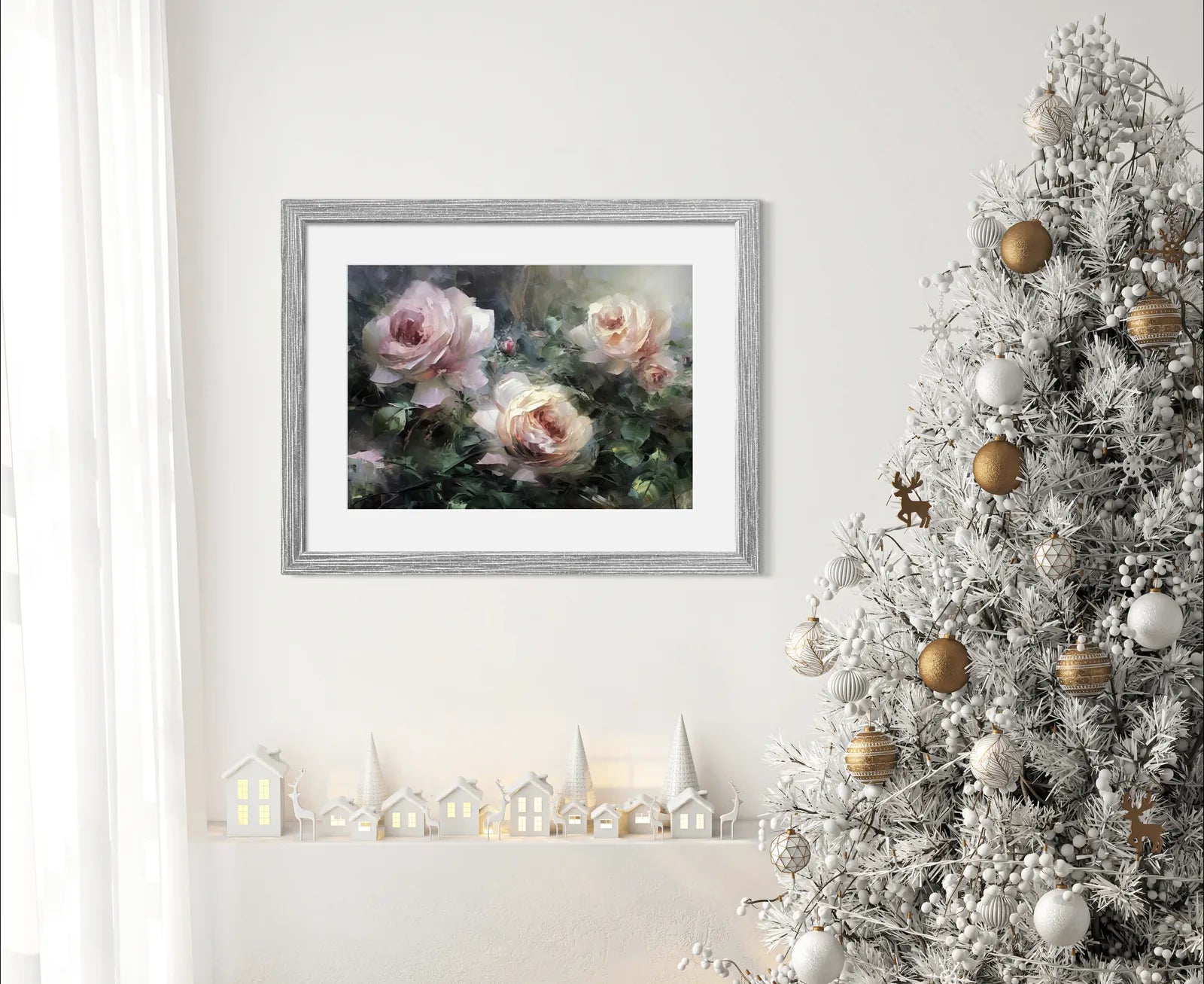 Pink, Peach, and Cream Roses Art Print with Green Foliage 2