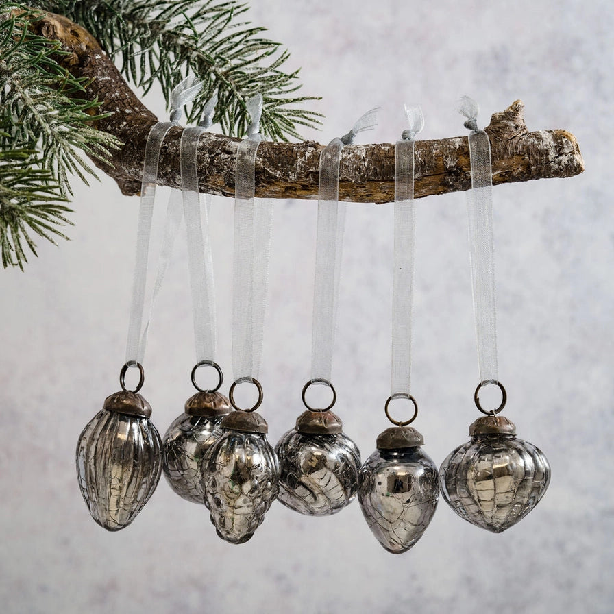 Set of 6 Small Mixed Design 3cm Slate Grey Crackle Glass Baubles