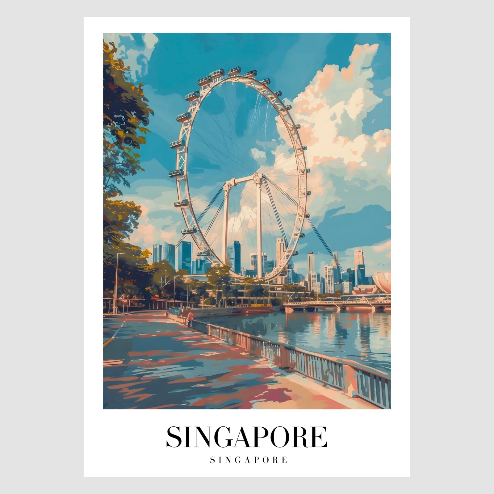 Singapore Waterside Art Print With Singapore Flyer And Skyline 1