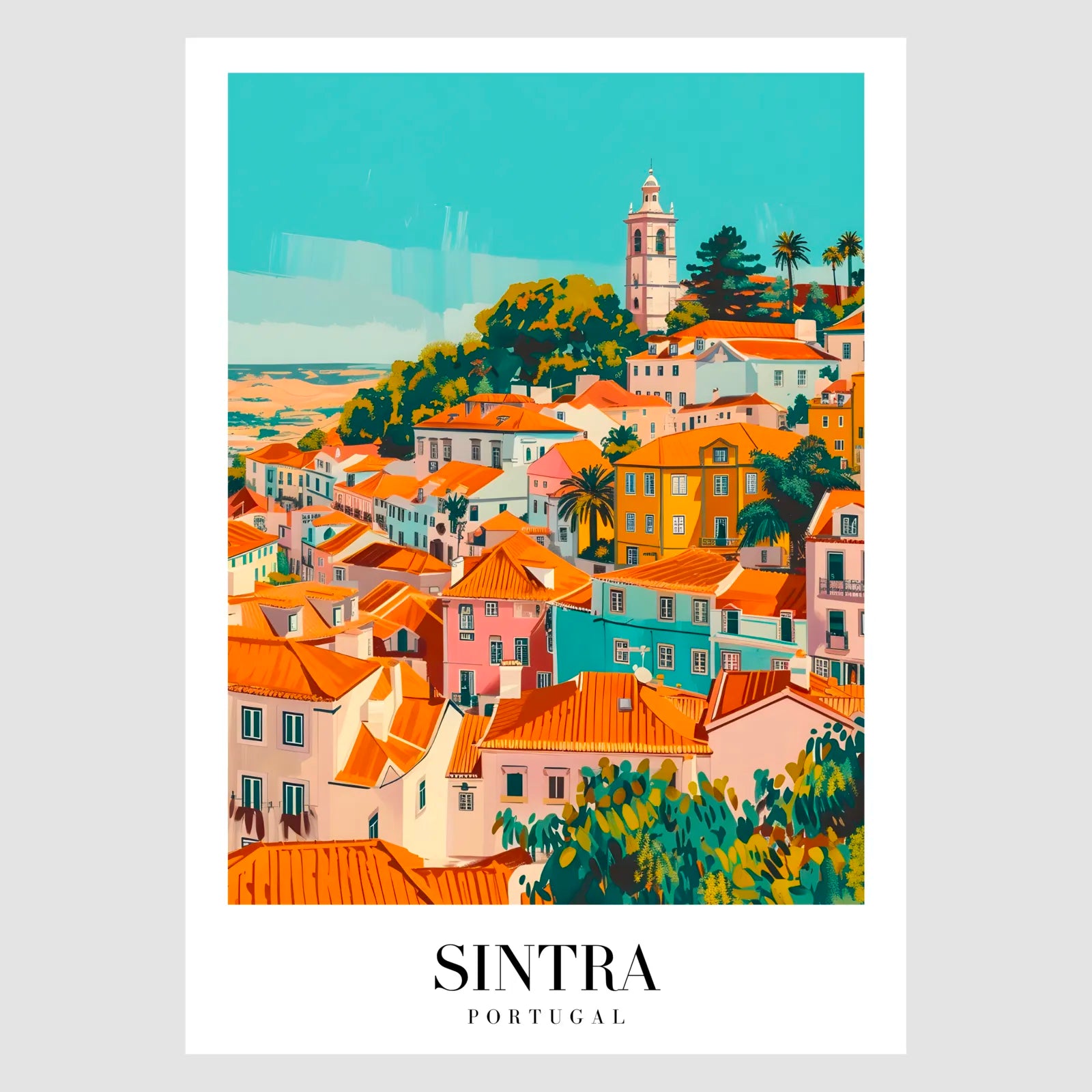 Sintra Hillside Art Print With Colorful Homes And Church 1