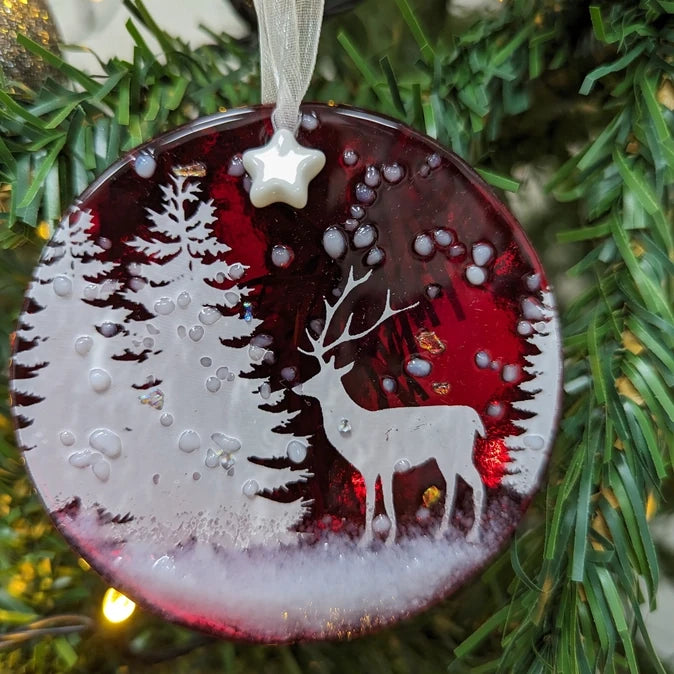 Handmade Red Disk Stag In Woods Design Tree Decor