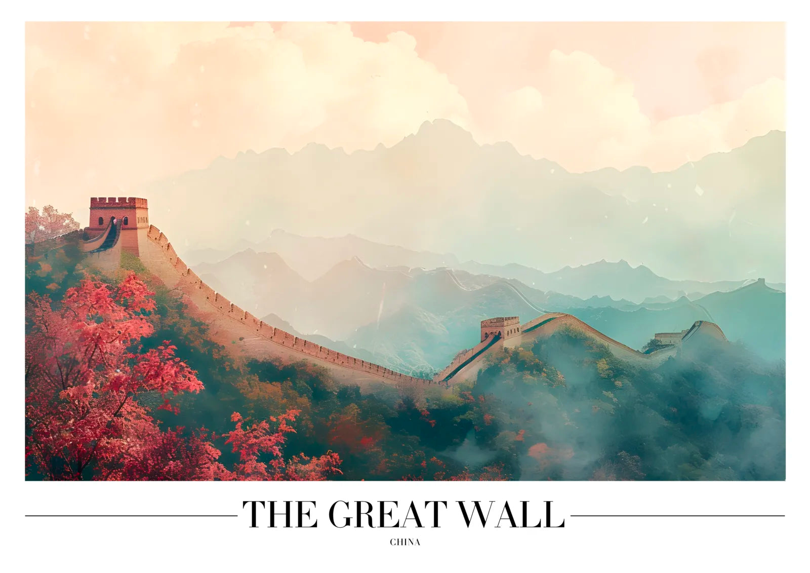 Great Wall of China Art Print with Misty Hills and Red Foliage 3