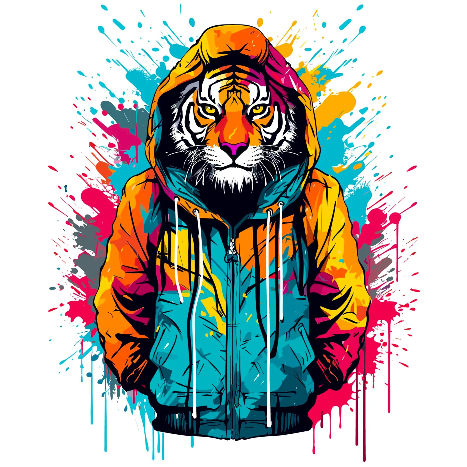 Fearsome Tiger In Hoodie In Splash Art Atyle Print 3