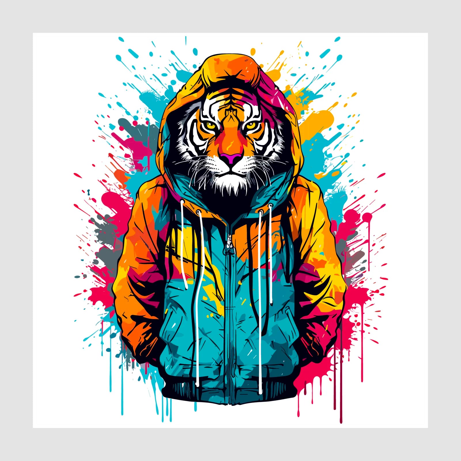 Fearsome Tiger In Hoodie In Splash Art Atyle Print 1