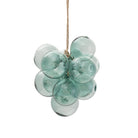 A cluster of translucent light blue-green glass spheres hanging from a natural jute rope, shown against a plain white background.