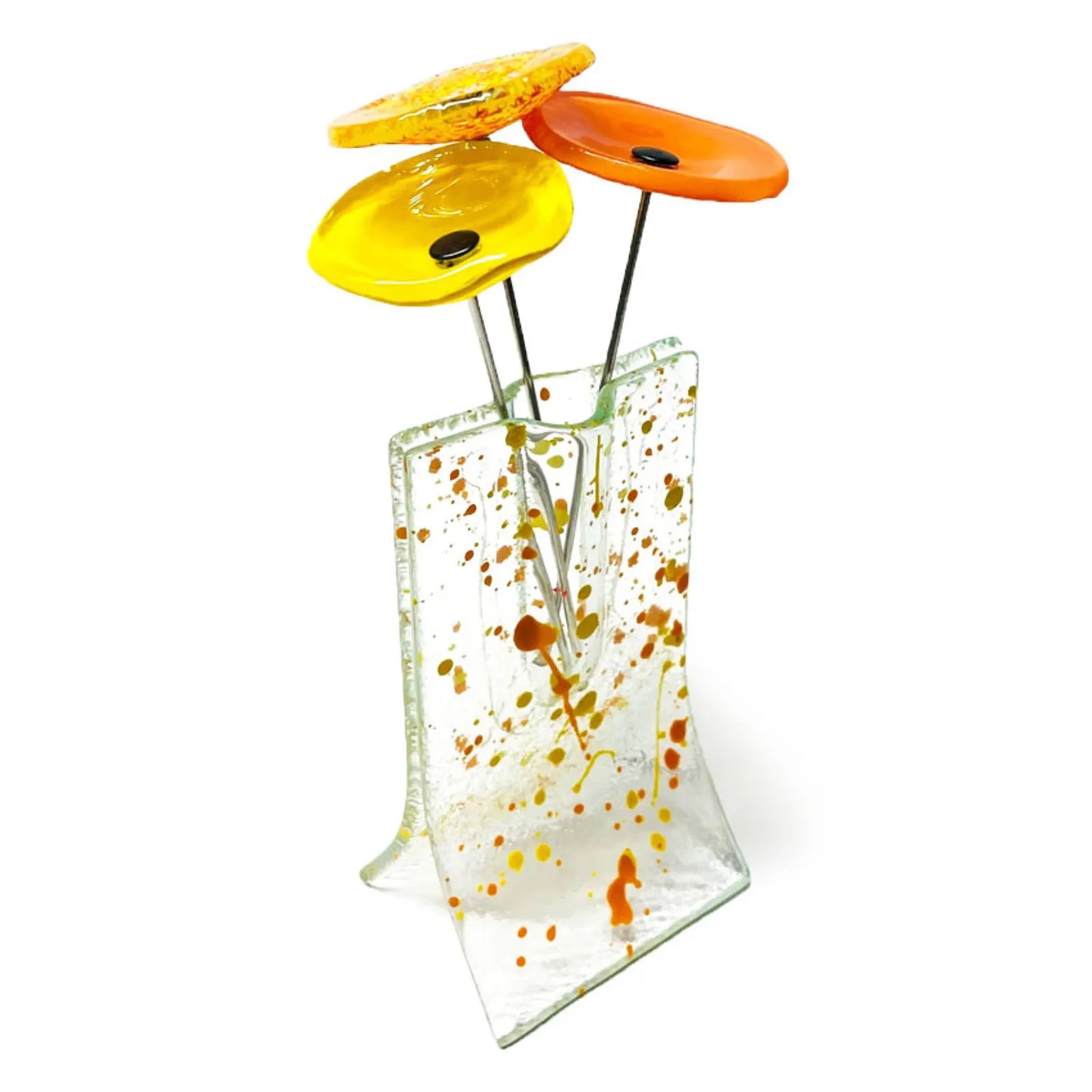 Small Vase With Yellow And Orange Paint Splashes And 3 Glass Flowers