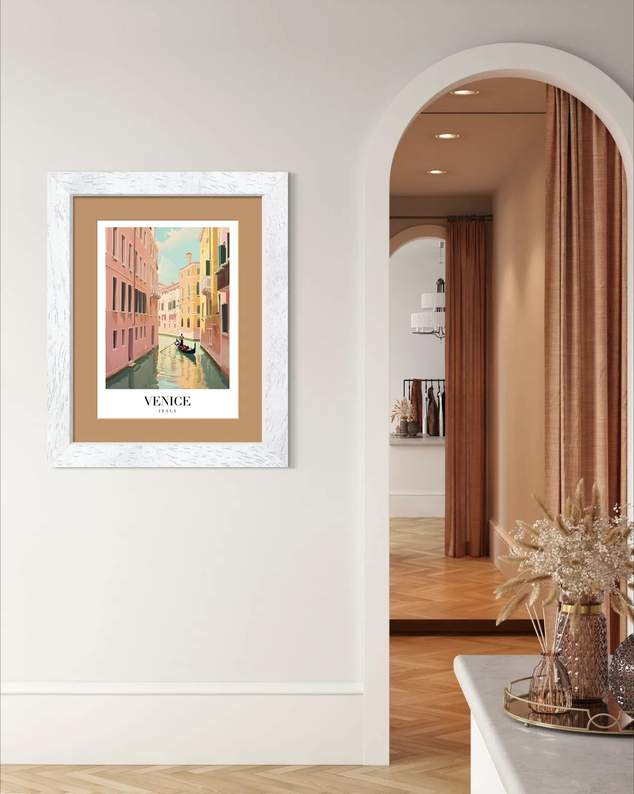 Venetian Canal Art Print With Gondola And Sunlit Homes 2