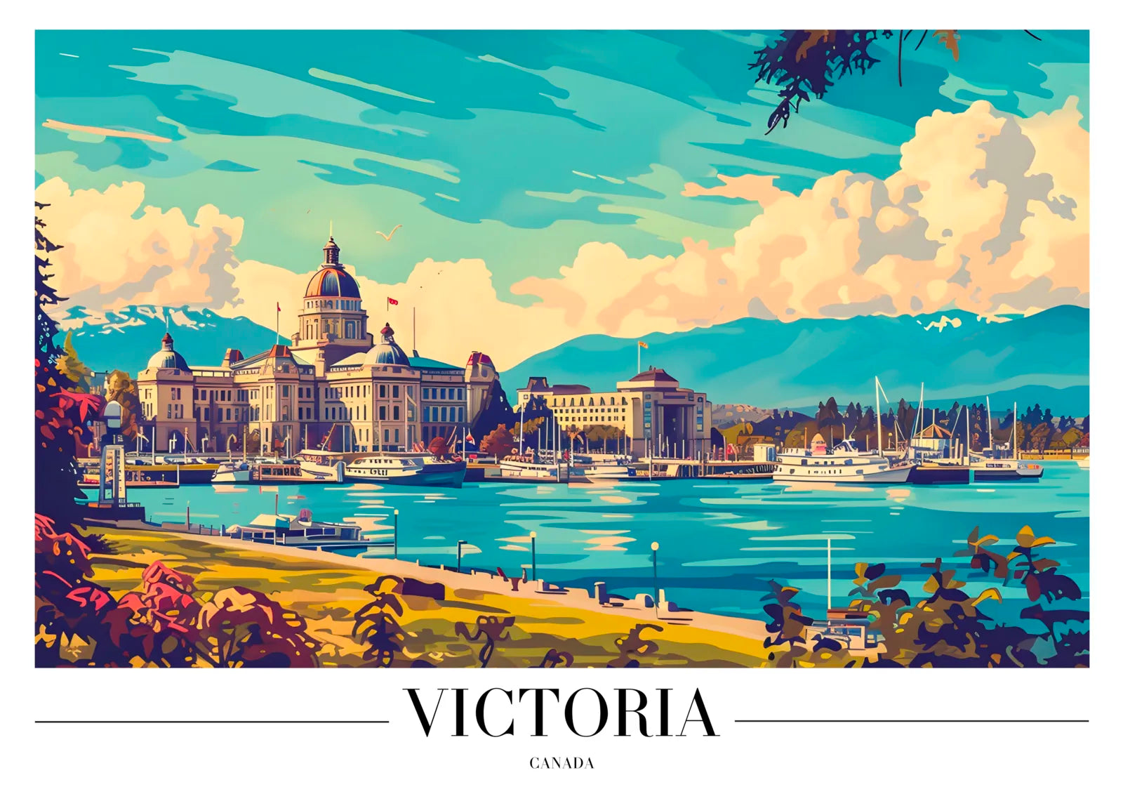 Victoria Waterside Art Print with Government Buildings and Boats 3