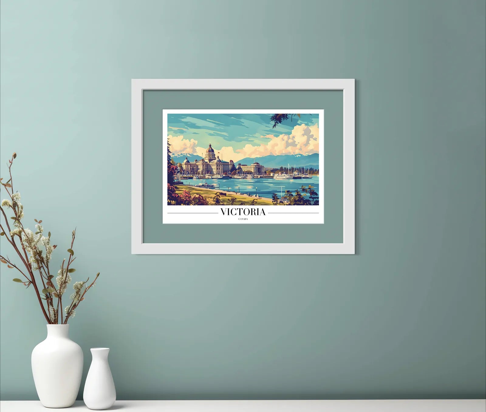 Victoria Waterside Art Print with Government Buildings and Boats 2