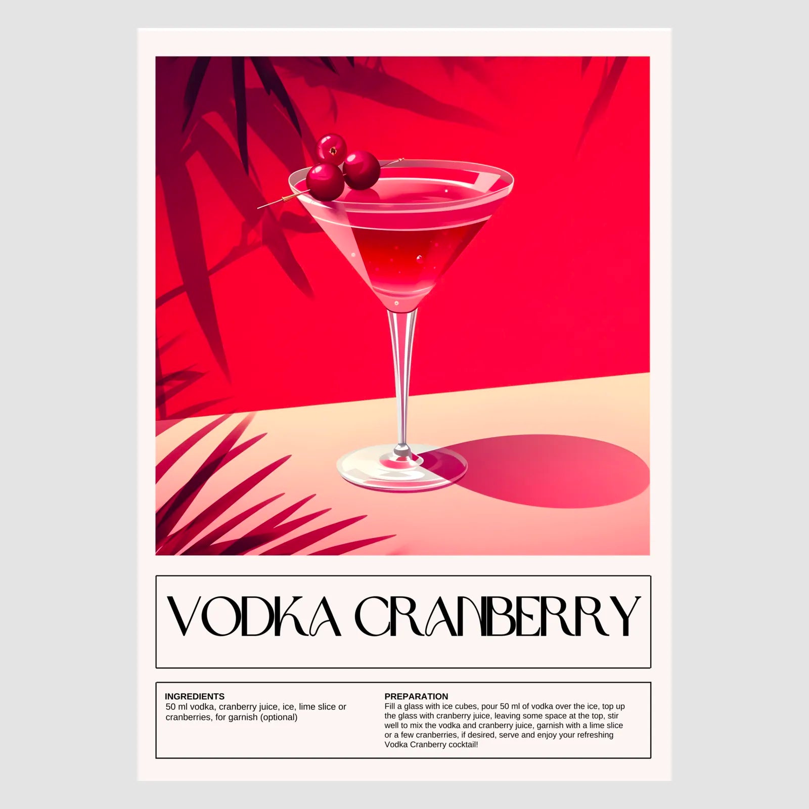 Vodka Cranberry Art Print – Red & Cream Shadowed Cocktail Design 1