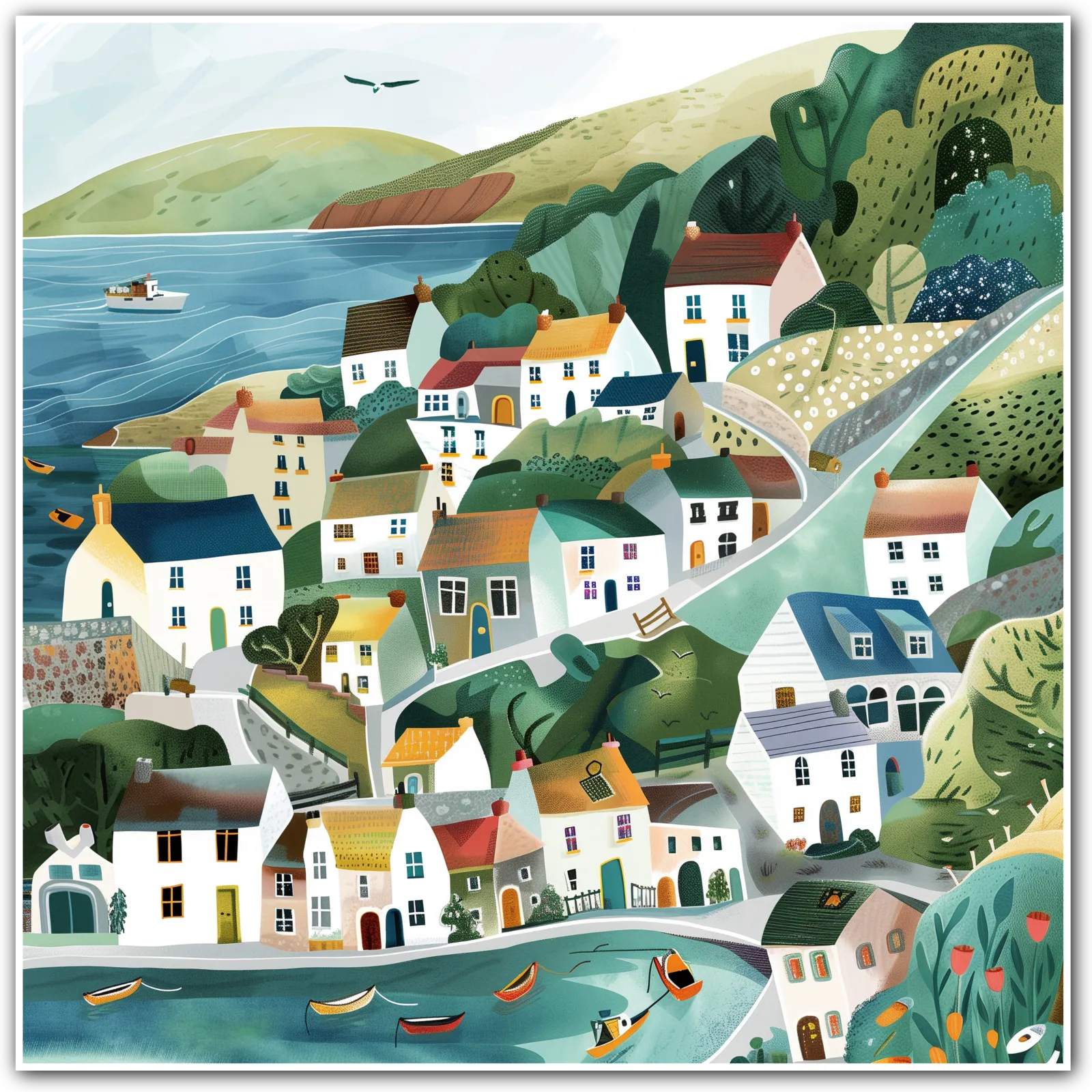 Colorful illustration of a coastal village with houses, boats, and greenery.