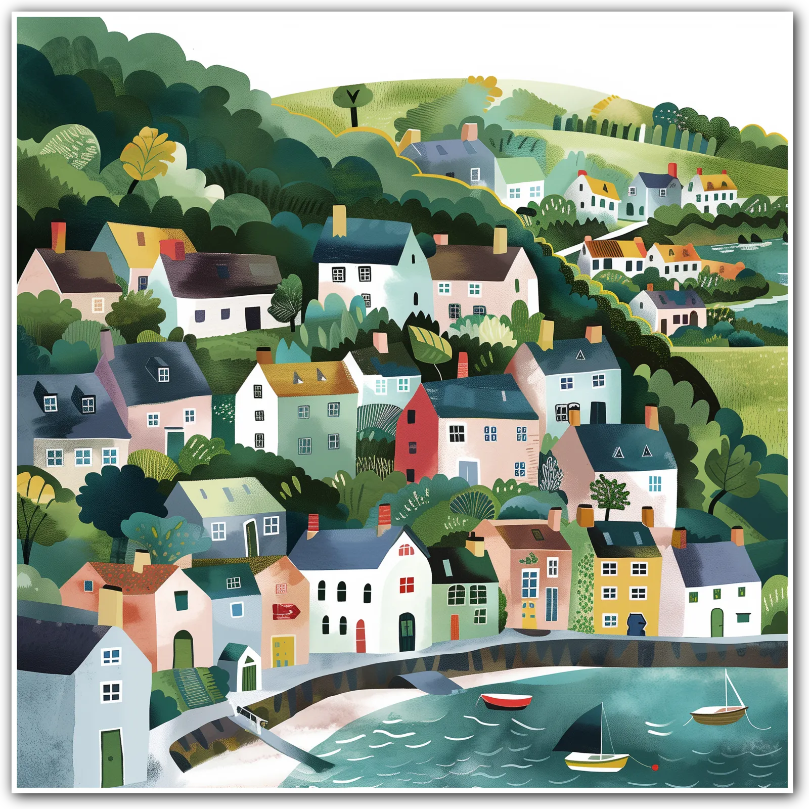 Charming Coastal Village Art Print: A Serene Countryside Escape