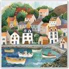 Illustration of a coastal village with houses, boats, and greenery.