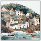 Illustration of a coastal village with houses, boats, and a harbor.