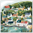 Illustration of a quaint village with houses and a river