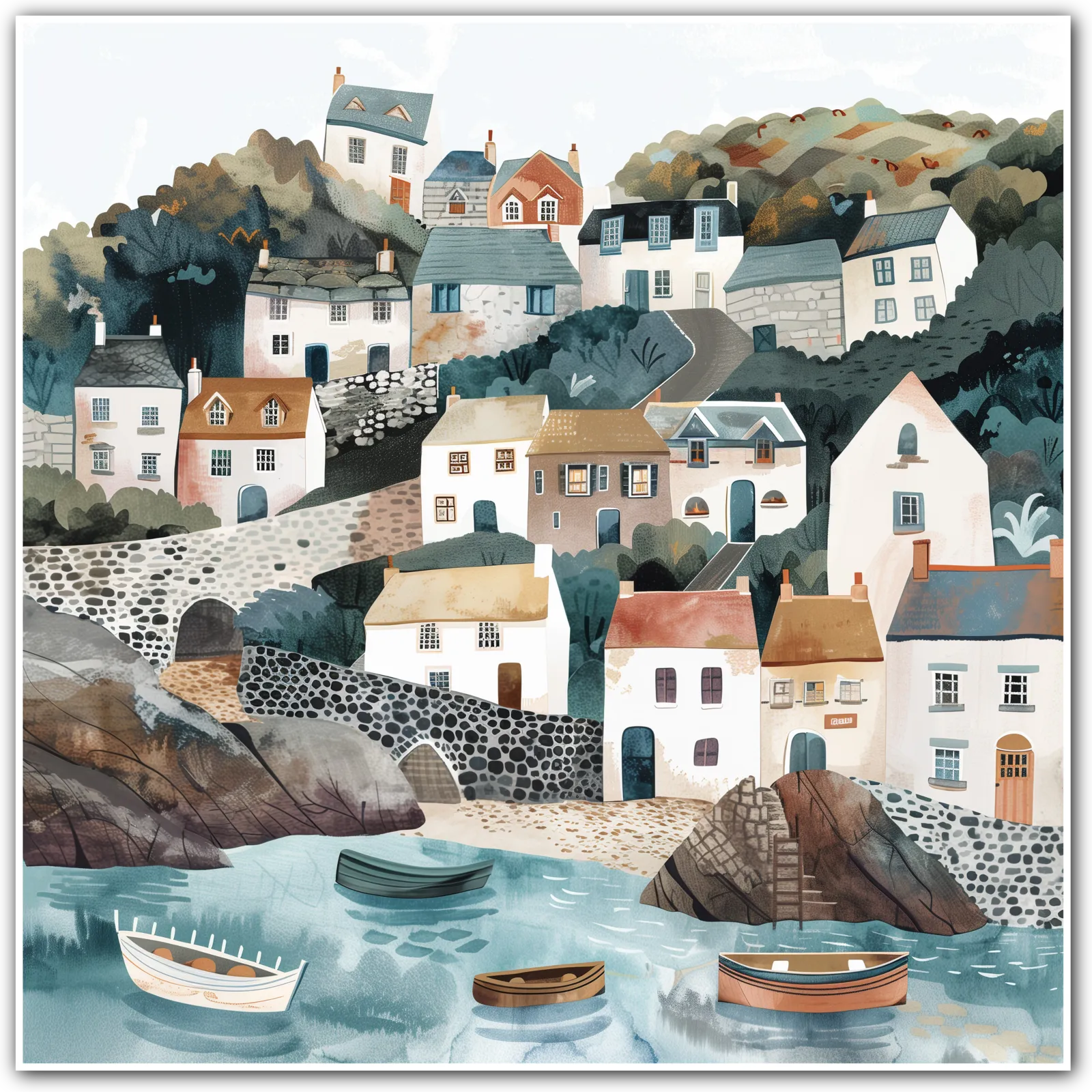 Charming Coastal Village: Idyllic Nautical Art Print