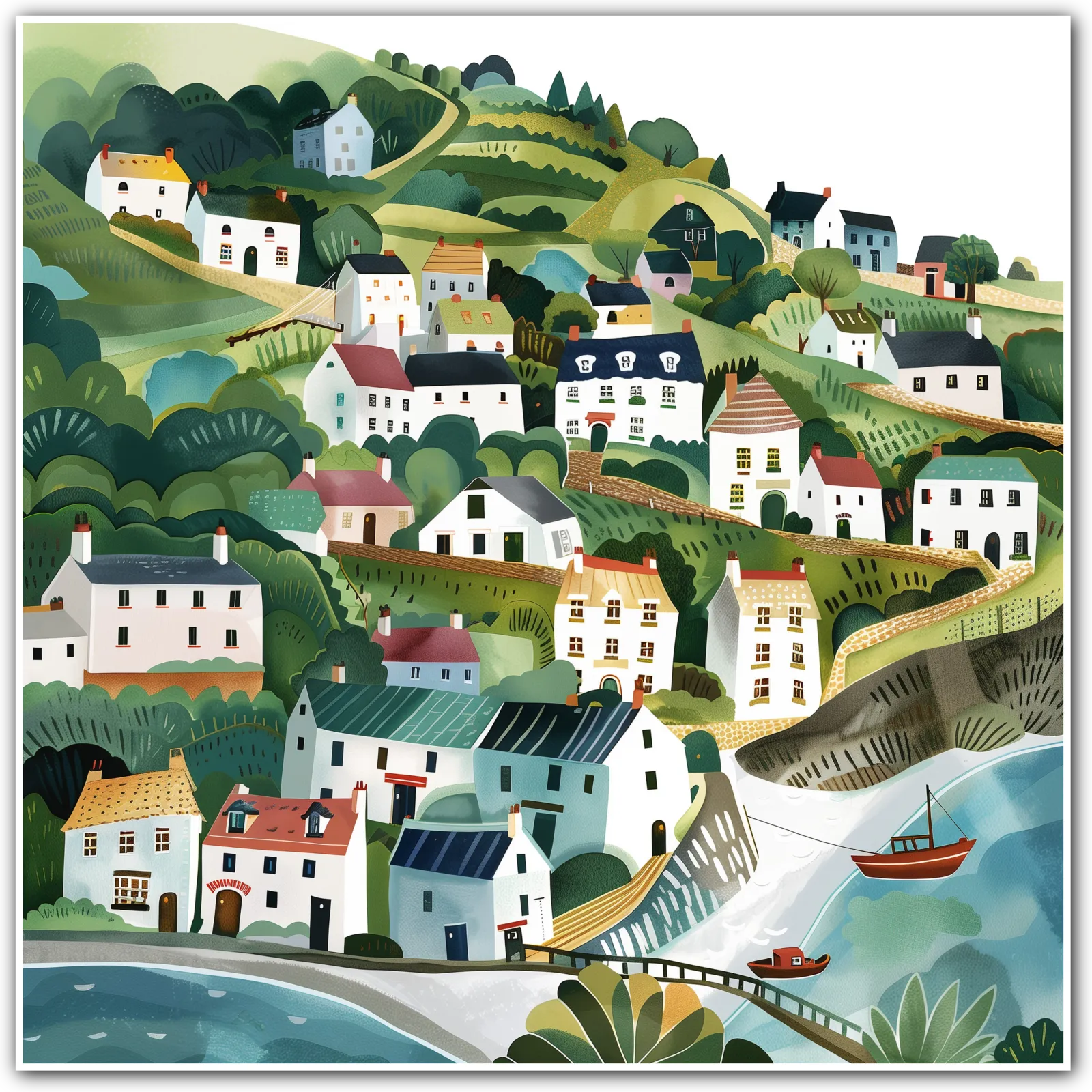 Serene Hillside Village: A Picturesque Countryside Print