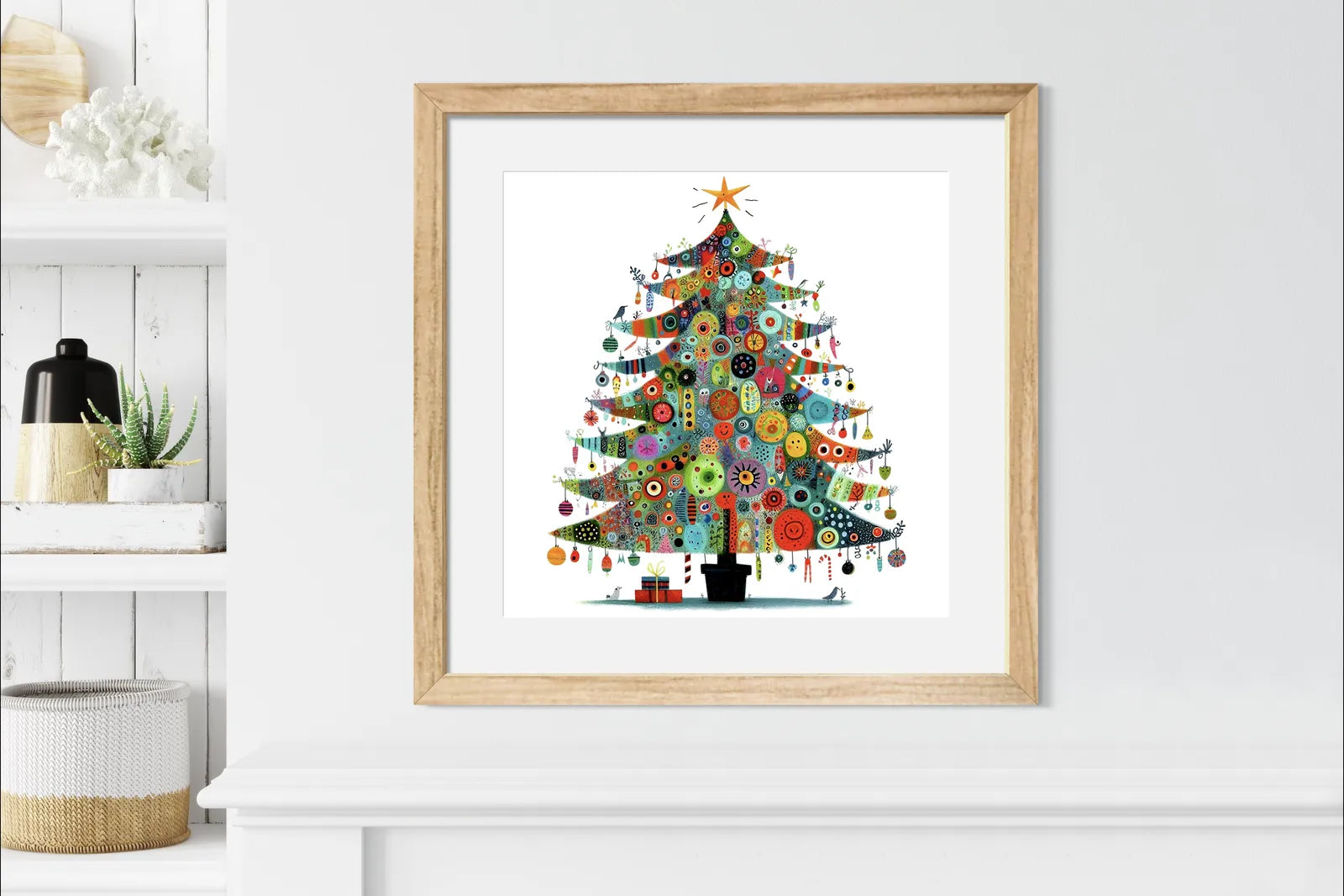 Patchwork Branches Baubles Christmas Tree Art Print 2