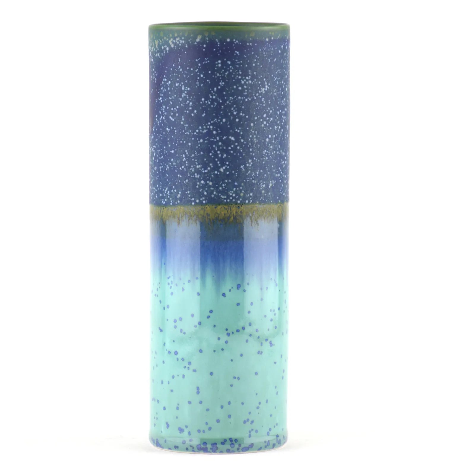 Handmade Porcelain Tube Vase – Deep Green, Blue Speckled & Mint Green