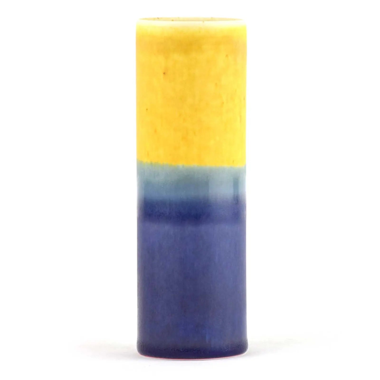 Handmade Porcelain Tube Vase – Vibrant Yellow, Pale Blue & Deep Blue-Violet