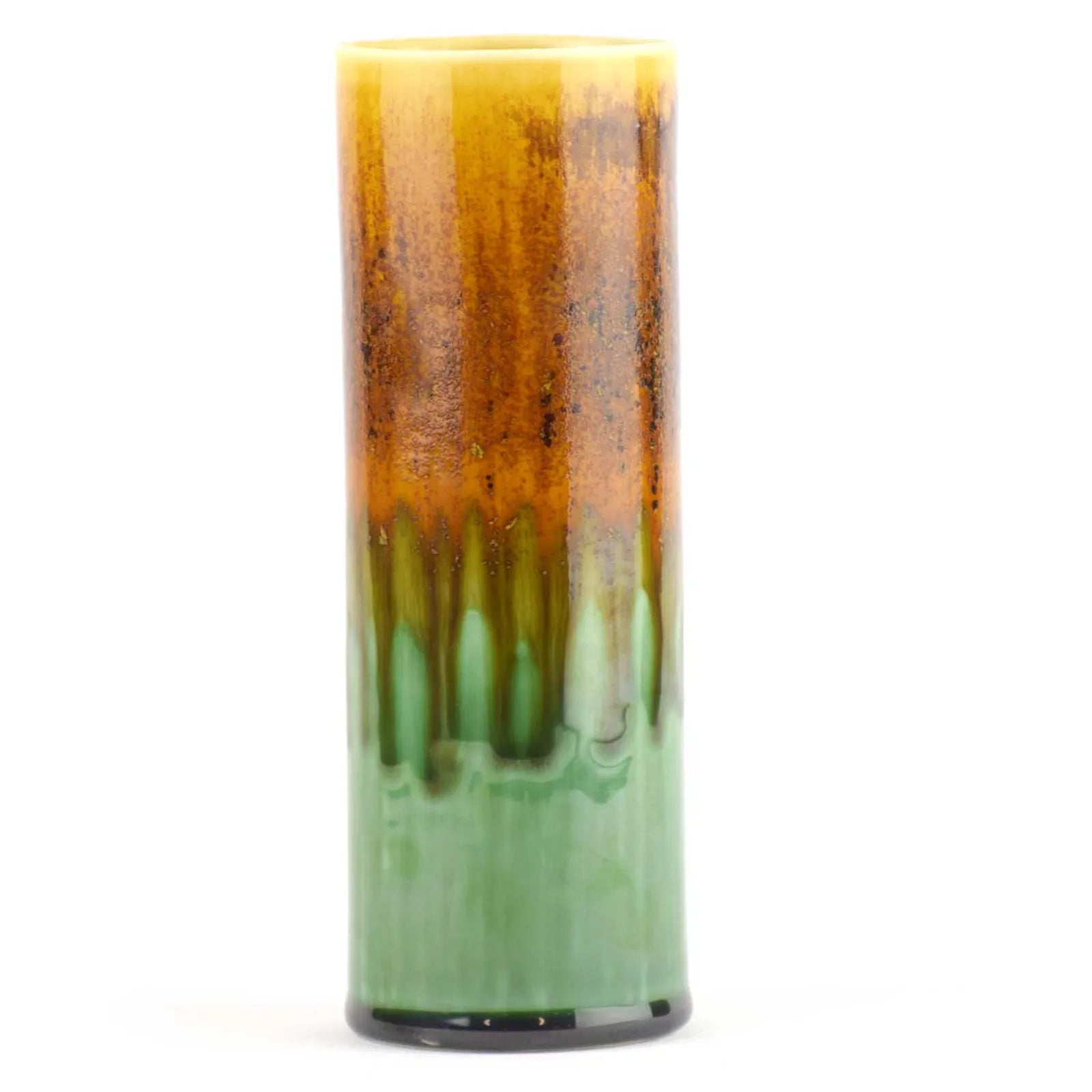 Porcelain Tube Vase – Yellow, Burnt Amber & Ochre Green with Pastel Green Base