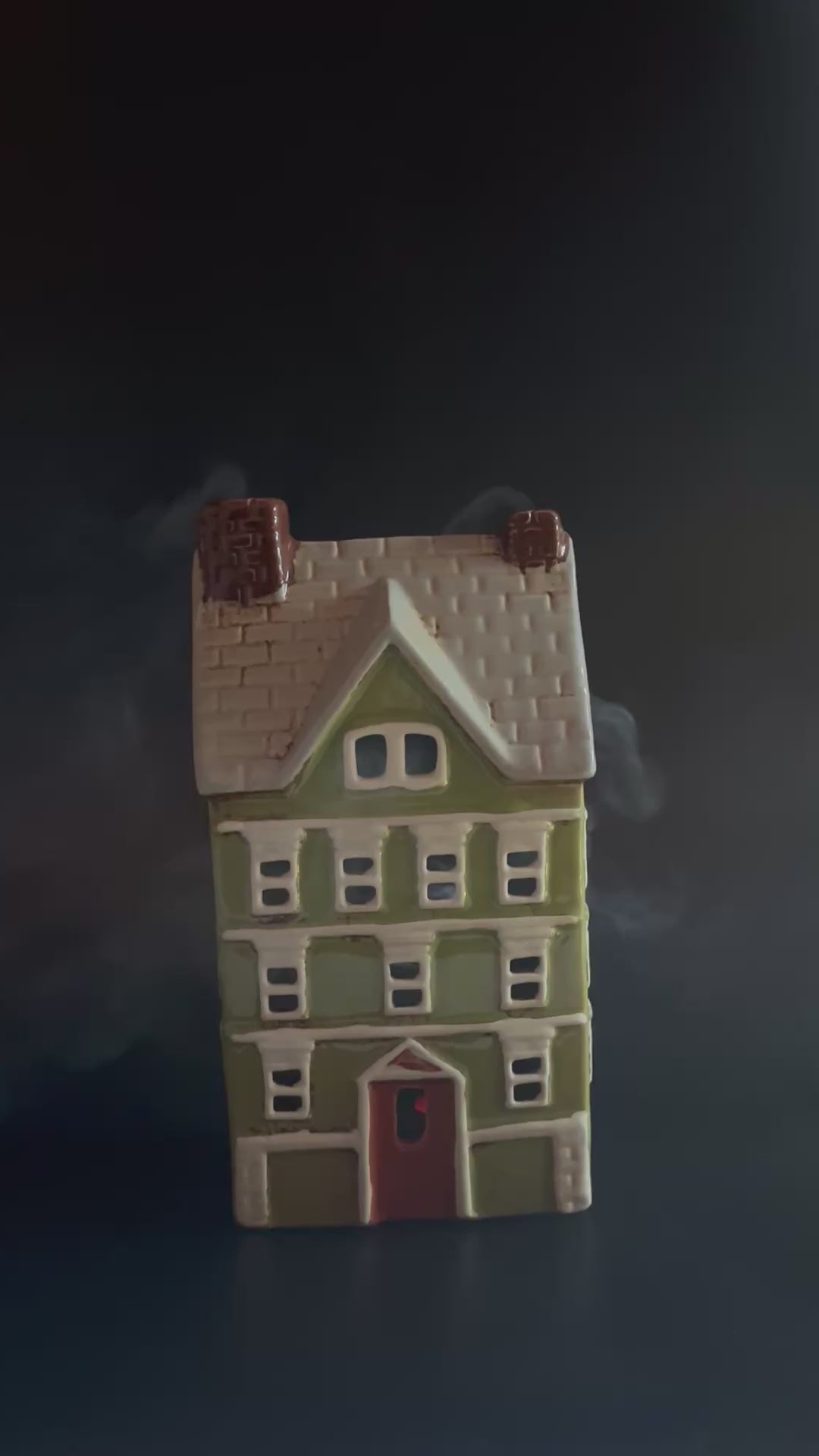 Green Ceramic Tealight House with Brown Roof and Door