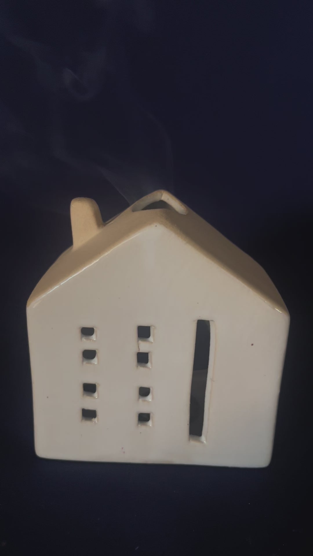 White Glazed Ceramic House with Square Windows for Tealights and Incense Cones