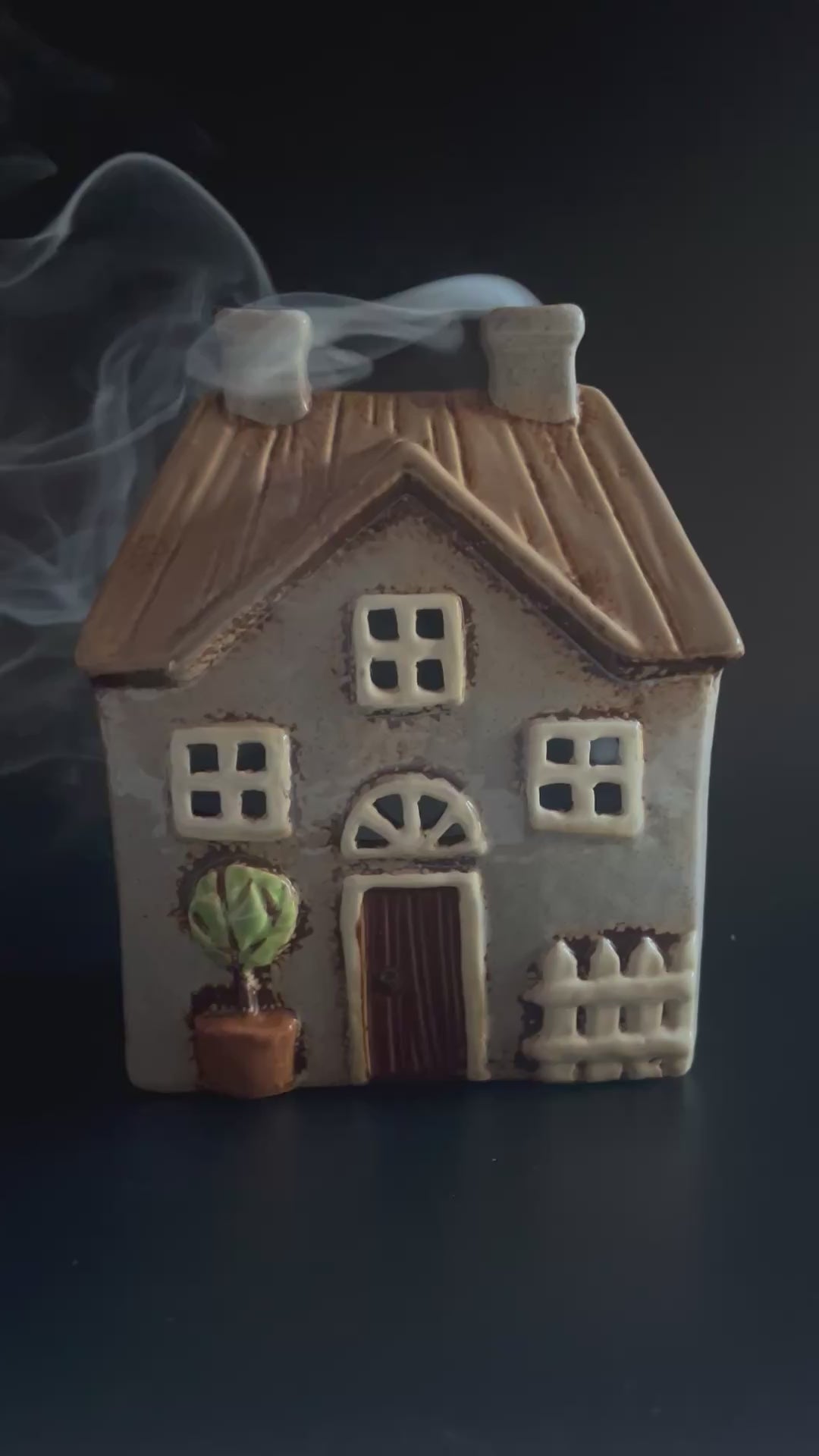 Brown Ceramic Tealight House with Green Plant and Fencing