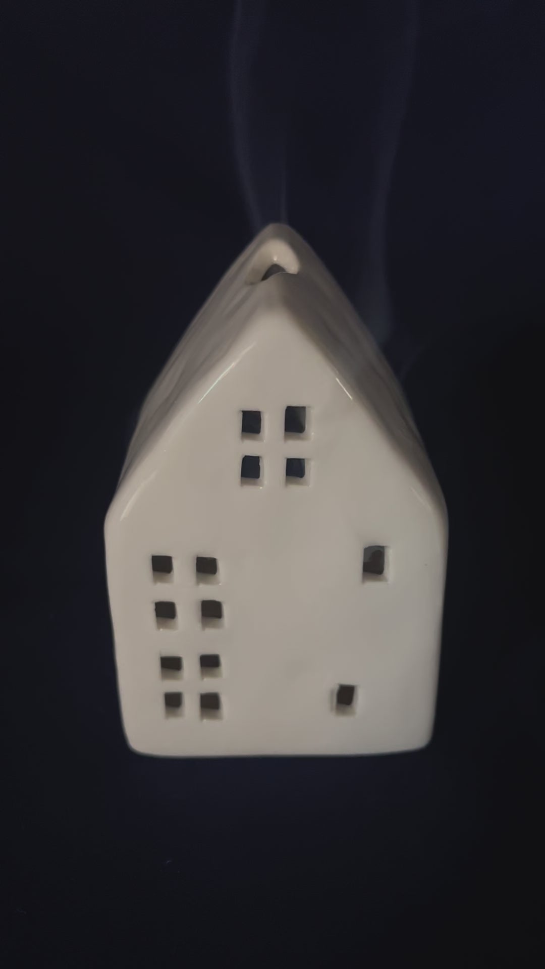 White Glazed Ceramic House with Square Windows for Tealights and Incense Cones