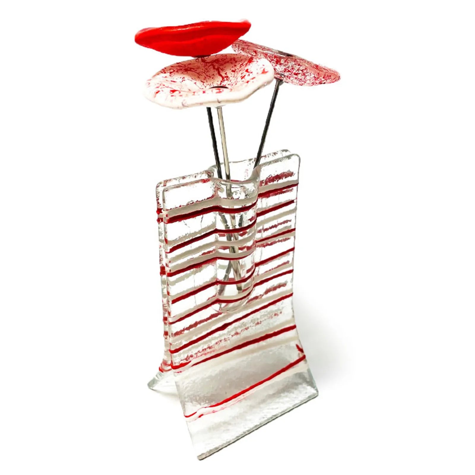 Small Vase With Red And White Stripes And 3 Glass Flowers