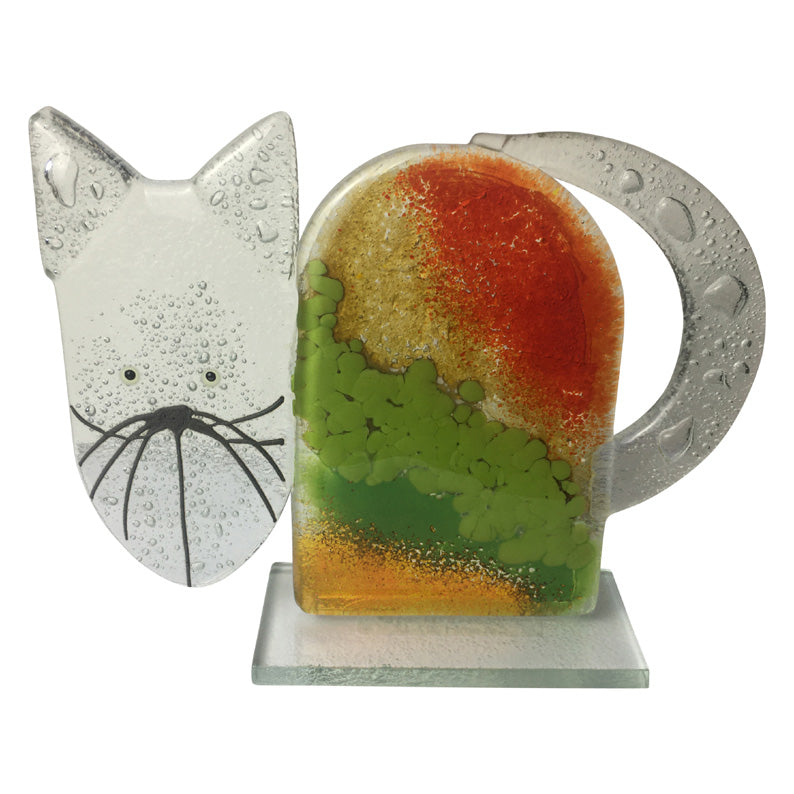 Fused Glass Cool Cat Ornament In Green And Red