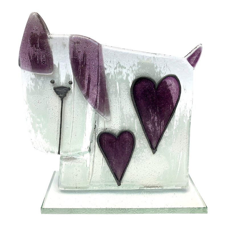Fused Glass Dog With Purple Hearts